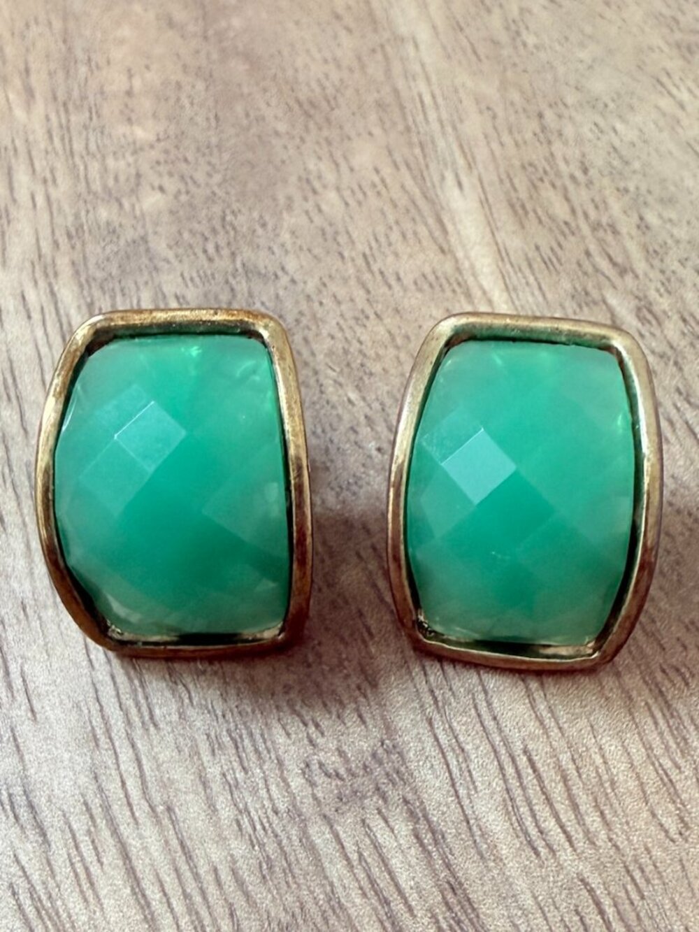 Vintage VENDOME Gold Tone Cushion Cut Seafoam Green Glass Statement Earrings